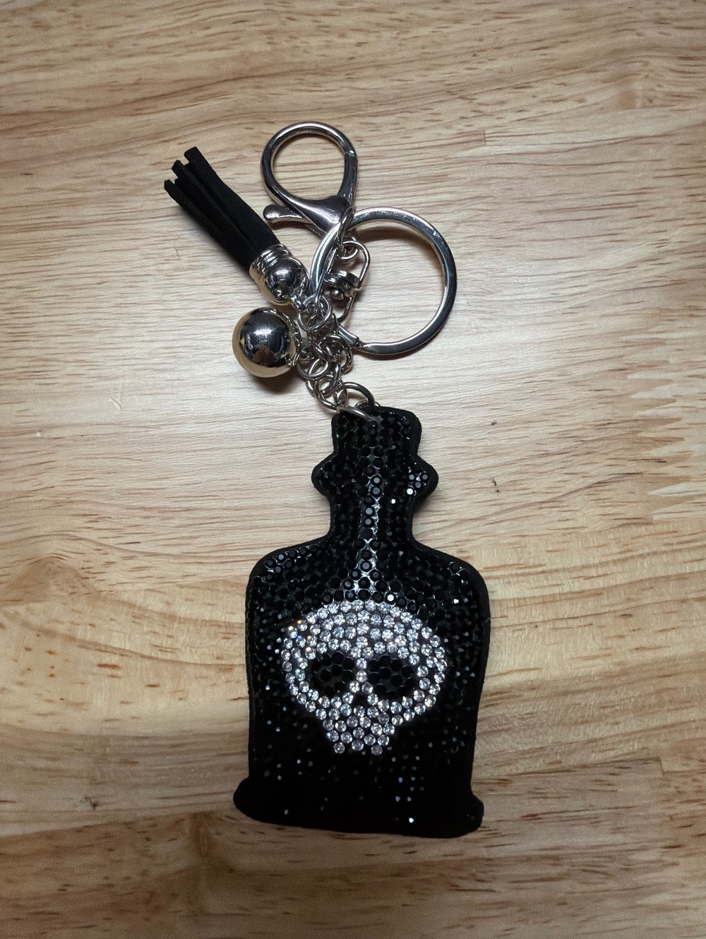 Black Skull Rhinestone Bottle Keychain with Tassel and Bell nwot
